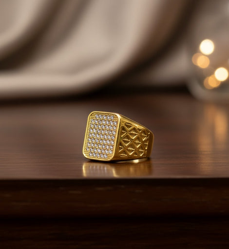 24K Gold Plated Mens Ring with American Diamonds