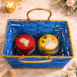 2 Pichwai Jar with Blue Hamper Basket