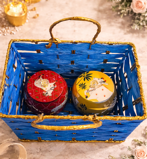 2 Pichwai Jar with Blue Hamper Basket