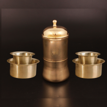 Proudly India Pure Brass 2 Cup Glossy Brass Coffee Filter with 2 Dabara, Coffee Filter, Coffee Tumbler, Dabara Set