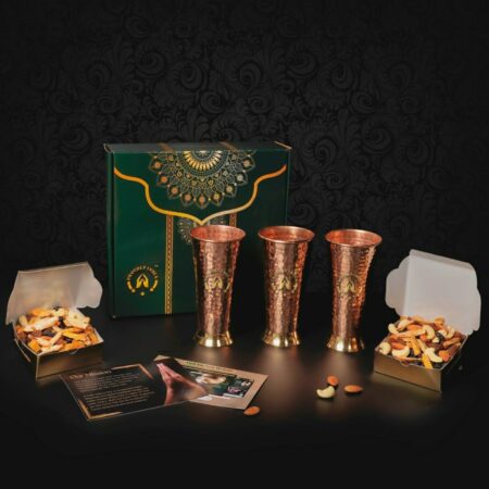 PROUDLY INDIA Copper Lassi Glass, Copper Hammered Glass, Large Tumbler, Set of 3 Lassi Hammered Tumblers, Milk Glass