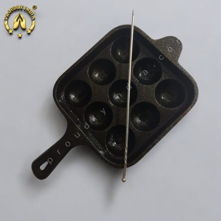 9-Pit Square Cast Iron Paniyaram Pan with Handle