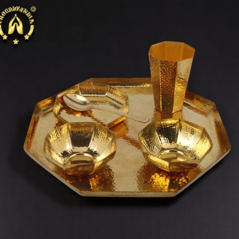 6 Piece Hexagon Brass Thali Set