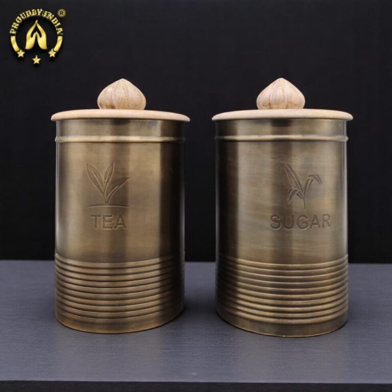 Set of 2 Brass Antique Finish Air Tight Storage Container With Wooden Lid