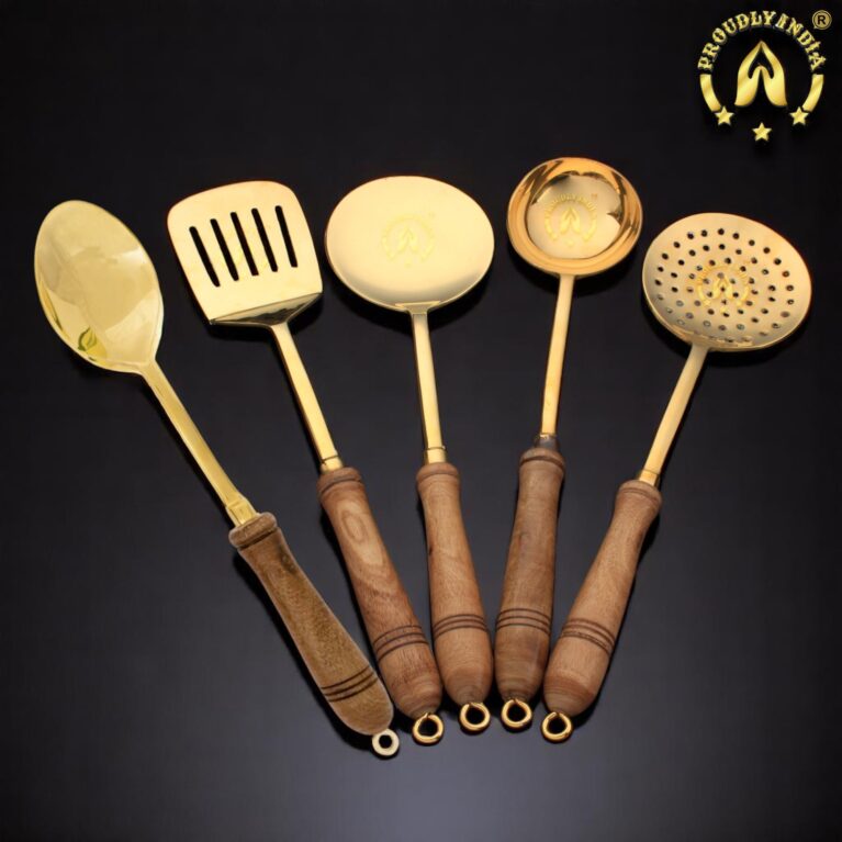 Set of 5 Brass Ladle with Wooden Handle
