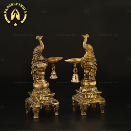 Brass Peacock Pair Diya with Bell