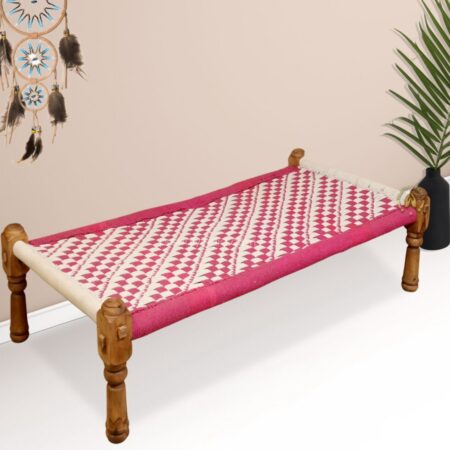 Pink and White Cotton Knitted Charpai