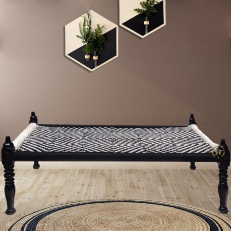 Black And White Rope Wooden Khatiya Bed