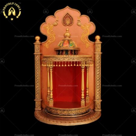 Antique Looking Huge Round Golden Temple | Pooja Mandir | Pooja Unit | Prayer Unit Handmade Artwork With Attached Backdrop 24″X13″×40″