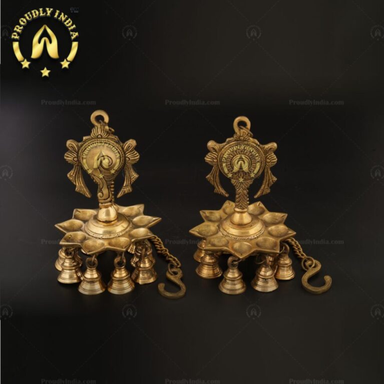 Brass Wall Hanging Sanghu Chakra 9 Wicks Diya With Bell