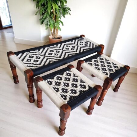 White and Black Rope Bench with Sitting Stools