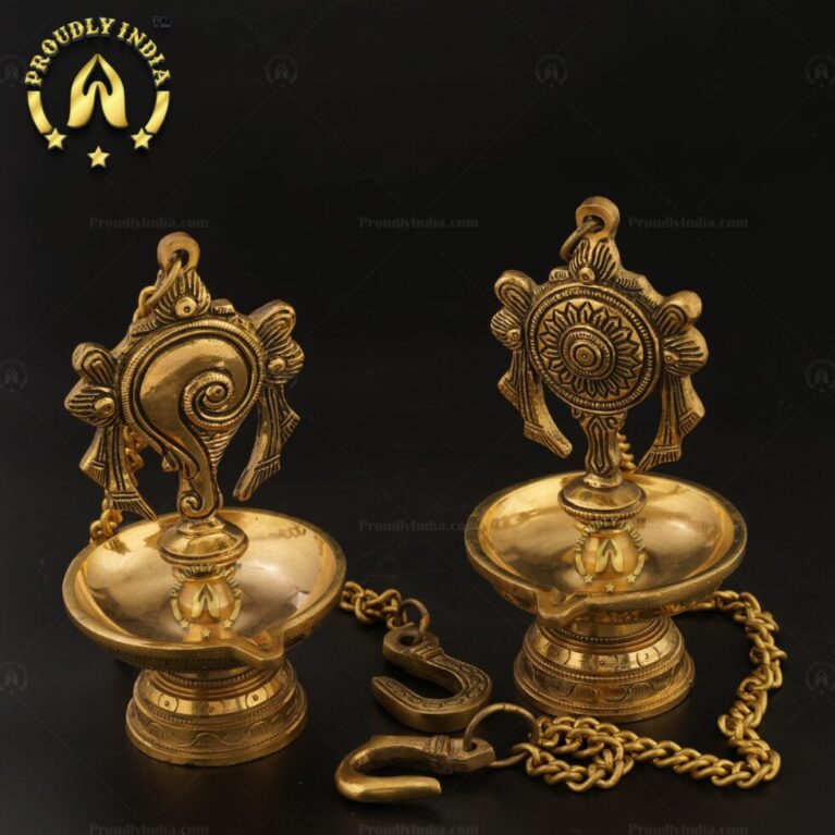 Traditional Brass Wall Hanging Sanghu Chakra Diya Set of 2