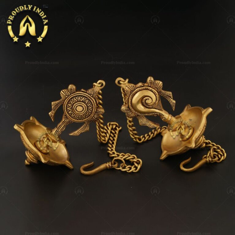 Traditional Brass Wall Hanging 5 Wicks Sangu Chakra Diya.