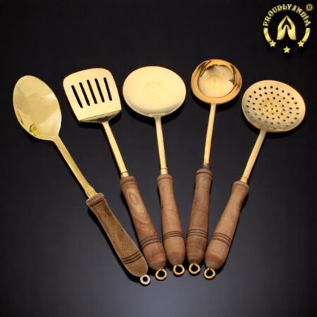 Set of 5 Brass Ladle with Wooden Handle